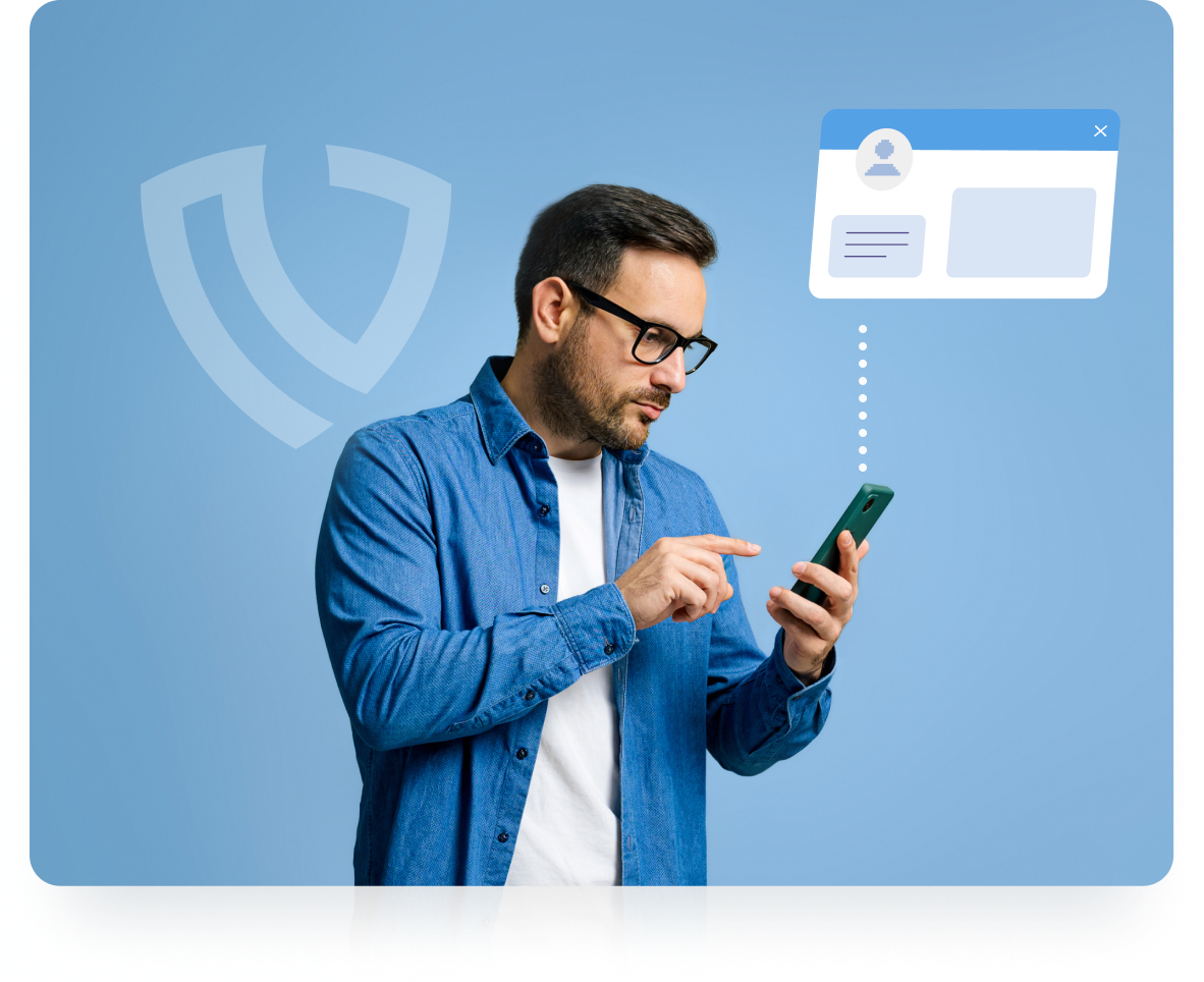 How DNC IT Works - User pointing at phone with shield and profile icons